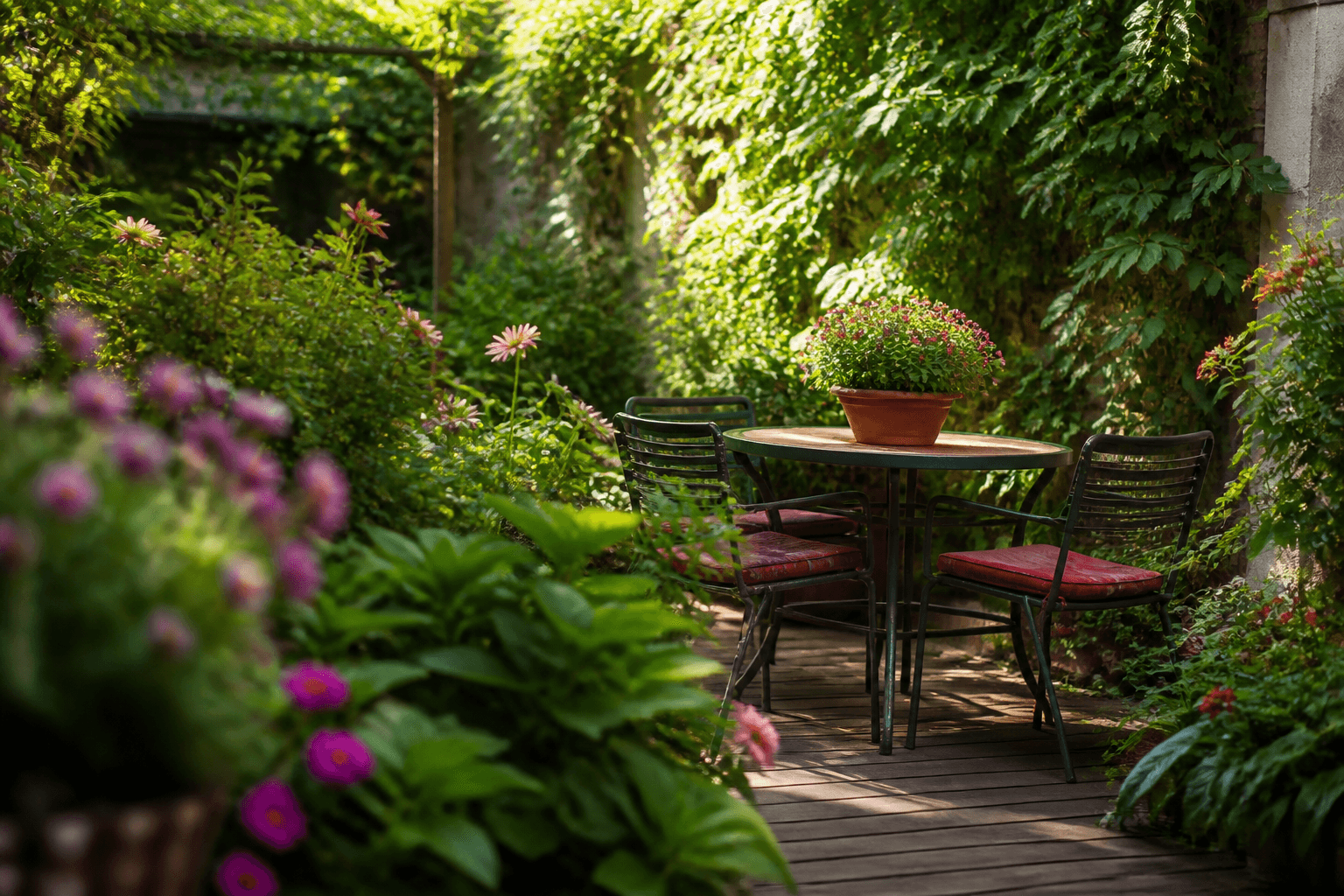 Composición de color en patios pequeños: verdes y flores